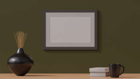 Wooden empty poster frame mockup on a simple wall. 3D rendering CGI illustrationの写真素材
