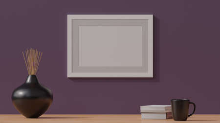 Wooden empty poster frame mockup on a simple wall. 3D rendering CGI illustrationの写真素材
