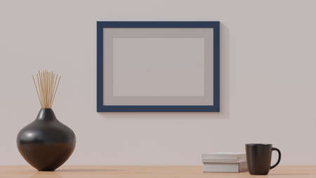 Wooden empty poster frame mockup on a simple wall. 3D rendering CGI illustrationの写真素材