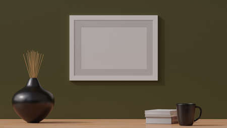 Wooden empty poster frame mockup on a simple wall. 3D rendering CGI illustrationの写真素材