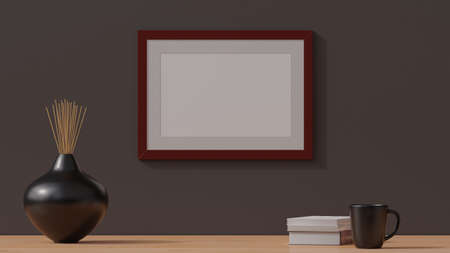 Wooden empty poster frame mockup on a simple wall. 3D rendering CGI illustrationの写真素材