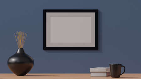 Wooden empty poster frame mockup on a simple wall. 3D rendering CGI illustrationの写真素材