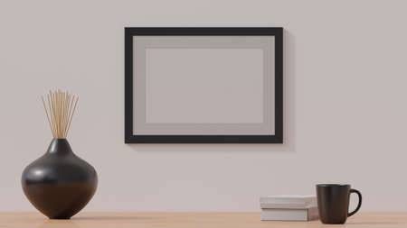 Wooden empty poster frame mockup on a simple wall. 3D rendering CGI illustrationの写真素材