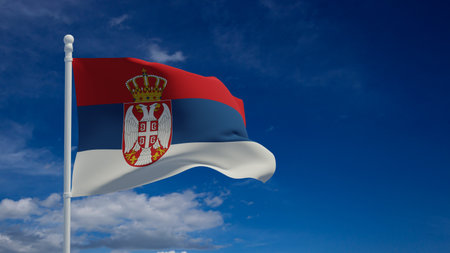 he Republic of Serbia national flag, waving in the wind. 3d rendering, CGIの写真素材