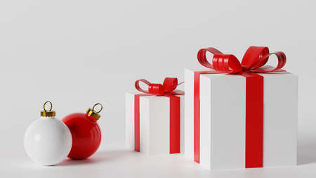 Red and white Christmas ornaments and present boxes with ribbons - 3D rendering, illustration. Template - can be used as a background for various graphic designsの写真素材