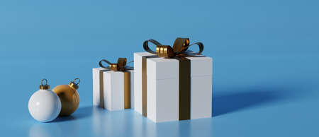 White and olden Christmas ornaments and present boxes - 3D render illustration. Can be used as a background template for greeting season cards or posters.の写真素材