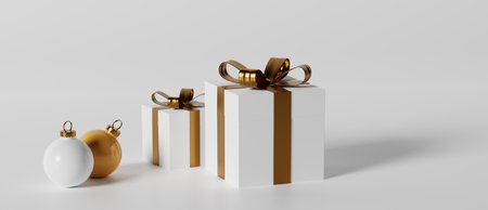 White and olden Christmas ornaments and present boxes - 3D render illustration. Can be used as a background template for greeting season cards or posters.の写真素材