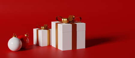 White and olden Christmas ornaments and present boxes - 3D render illustration. Can be used as a background template for greeting season cards or posters.の写真素材