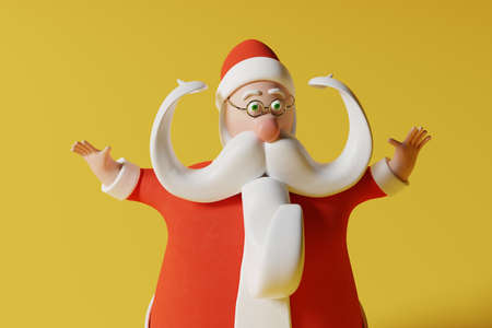 Funny Santa Claus waving - realistic cartoon 3d rendering illustration. Colorful yellow backgroundの写真素材