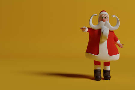 Funny Santa Claus pointing - realistic cartoon 3d rendering illustration. Colorful yellow backgroundの写真素材