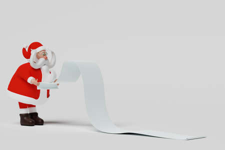Funny Santa Claus reading a long Christmas wishes list - realistic cartoon 3d rendering illustration. Isolated on white backgroundの写真素材