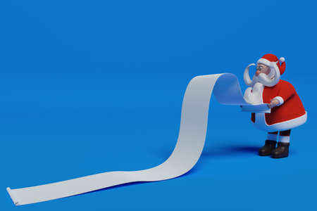 Funny Santa Claus reading a long Christmas wishes list - realistic cartoon 3d rendering illustration. Colorful blue background.の写真素材
