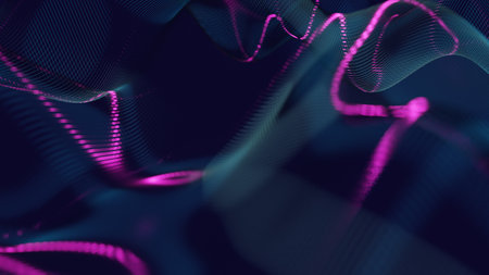 Abstract colorful background with waving wireframe structure. 3d illustration, renderingの写真素材