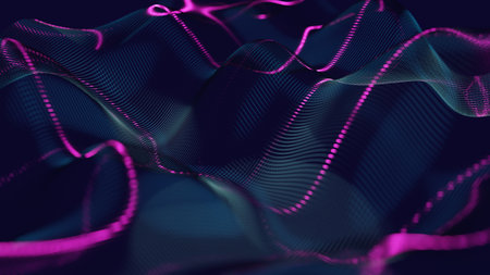 Abstract colorful background with waving wireframe structure. 3d illustration, renderingの写真素材