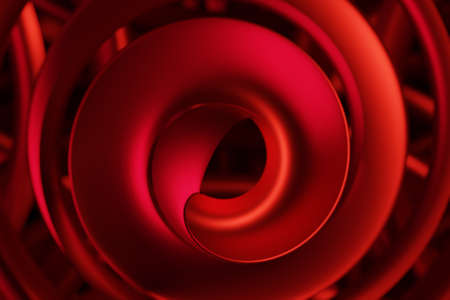 3d illustration of an abstract colorful red background with spirals, lines and geometric patternsの写真素材