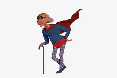 Old superhero. A funny cartoon character. 3D illustration, CGI. Isolated on whiteの写真素材