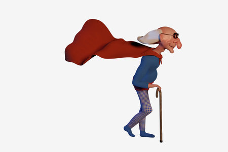 Old superhero. A funny cartoon character. 3D illustration, CGI. Isolated on whiteの写真素材