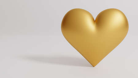 Valentine's Day 3d illustration - rendering. Single golden heart isolated on white background. Layout with negative space for copyの写真素材