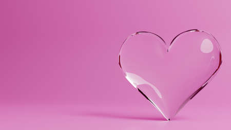 Valentine's Day 3d illustration - rendering. SIngle transparent heart made of glass  isolated on pink background. Layout with negative space for copyの写真素材