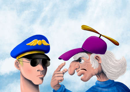 An old man with a home made hat with a propeller, talking angrilly with a young pilot. Funny colorful digital illustrationの写真素材