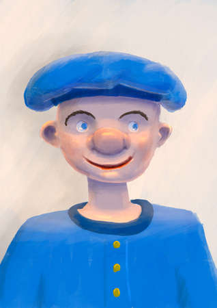 Cute little boy with a big round nose, wearing a blue hat - digital paintingの写真素材