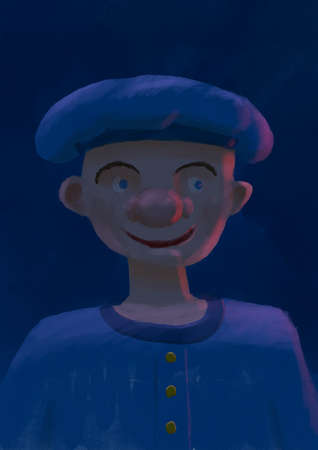 Cute little boy with a big round nose, wearing a blue hat - digital paintingの写真素材