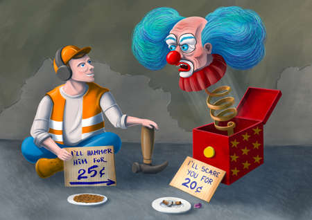 Toys turned into beggars: a young platic construction worker and a scary clown surprise box. Cute digital illustrationの写真素材