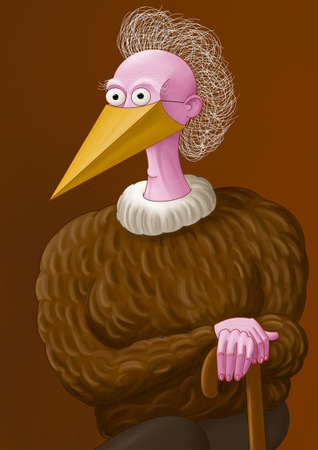 Funny old character wearing a mask that looks like a chicken beck, and a furry sweater that looks like featers - digital illustrationの写真素材