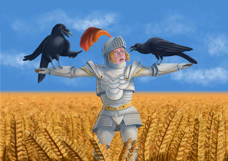 A medieval knight in armor turned into a scarecrow, and two crows that are making fun of him - funny colorful digital illustrationの写真素材