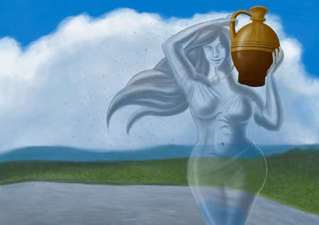 A girl made from water is carrying a big recipient - digital illustrationの写真素材
