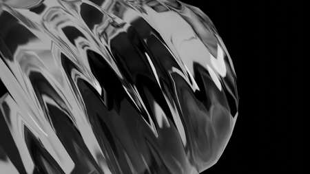 Abstract 3d illustration featuring a twisted geometric object made of glass, isolated on black. Background for graphic design projects with negative space for copy. 3d renderingの写真素材