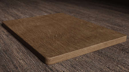 Empty wooden food plate on a table - side view. Template design. Digital 3d illustration (rendering)の写真素材