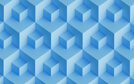 Abstract background layout design with reteating pattern of overlaying white cubes. 3d illustration (rendering). Isometric view.の写真素材