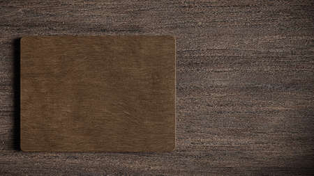 Empty wooden food plate on a table - top view. Template design. Digital 3d illustration (rendering)の写真素材