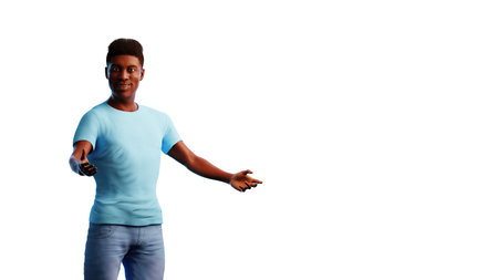 Illustration of a beautiful african american male looking straight into camera with a warm inviting gesture and similing. 3d illustration rendering (CGI)の写真素材