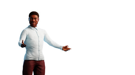 Illustration of a beautiful african american male looking straight into camera with a warm inviting gesture and similing. 3d illustration rendering (CGI)の写真素材