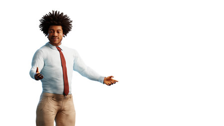 Illustration of a beautiful african american male looking straight into camera with a warm inviting gesture and similing. 3d illustration rendering (CGI)の写真素材