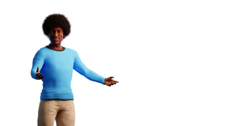 Illustration of a beautiful african american male looking straight into camera with a warm inviting gesture and similing. 3d illustration rendering (CGI)の写真素材