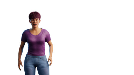 Illustration of a beautiful caucasian woman looking straight into camera and similing. 3d illustration rendering (CGI)の写真素材