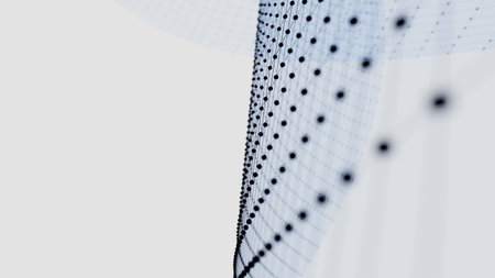 Matrix of abstract geometry with blue lines and dots waving and twisting. 3D illustration, rendering (CGI)の写真素材