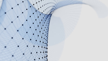 Matrix of abstract geometry with blue lines and dots waving and twisting. 3D illustration, rendering (CGI)の写真素材