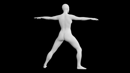 Beautiful athletic young woman posing isolated on black. Basic mesh, AI, robot. 3d illustration, rendering. Viewed from backの写真素材