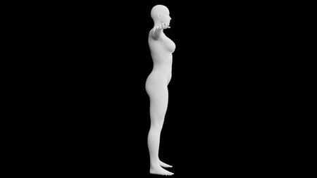 Beautiful athletic young woman posing isolated on black. Basic mesh, AI, robot. 3d illustration, rendering. Side viewの写真素材