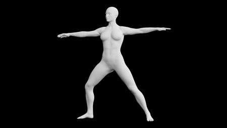 Beautiful athletic young woman posing isolated on black. Basic mesh, AI, robot. 3d illustration, rendering. Front viewの写真素材