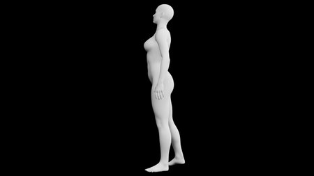 Beautiful athletic young woman posing isolated on black. Basic mesh, AI, robot. 3d illustration, rendering. Side viewの写真素材