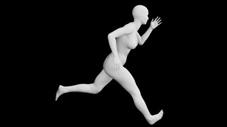 Beautiful athletic young woman posing isolated on black. Basic mesh, AI, robot. 3d illustration, rendering. Side viewの写真素材
