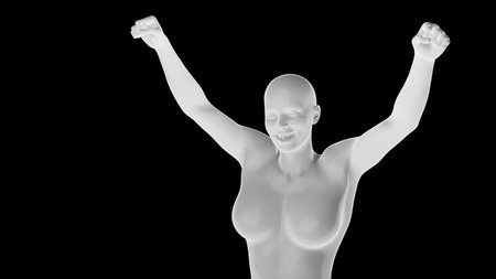 Beautiful athletic young woman posing isolated on black. Basic mesh, AI, robot. 3d illustration, rendering. Front viewの写真素材