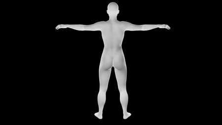 Beautiful athletic young woman posing isolated on black. Basic mesh, AI, robot. 3d illustration, rendering. Viewed from backの写真素材