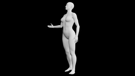 Beautiful athletic young woman posing isolated on black. Basic mesh, AI, robot. 3d illustration, rendering. Side viewの写真素材