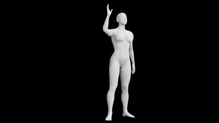 Beautiful athletic young woman posing isolated on black. Basic mesh, AI, robot. 3d illustration, rendering. Side viewの写真素材